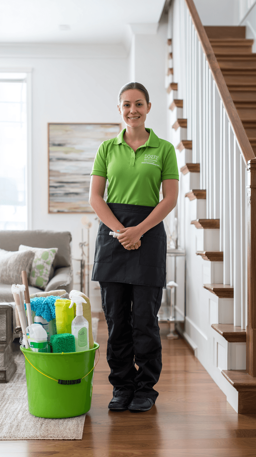 Professional house cleaner in green uniform
